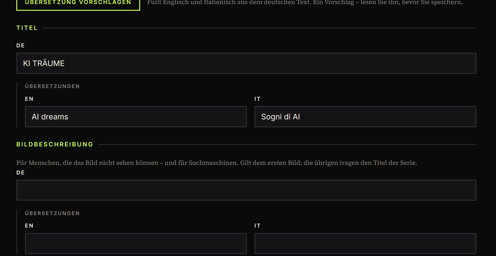 A detail of the editing form: at the top the “suggest a translation” button, below it the “Title · DE” field holding “KI Träume” across the full width, and indented beneath it the “Translations” block with “AI dreams” in English and “Sogni di AI” in Italian. The same staggering then begins again for the image description.