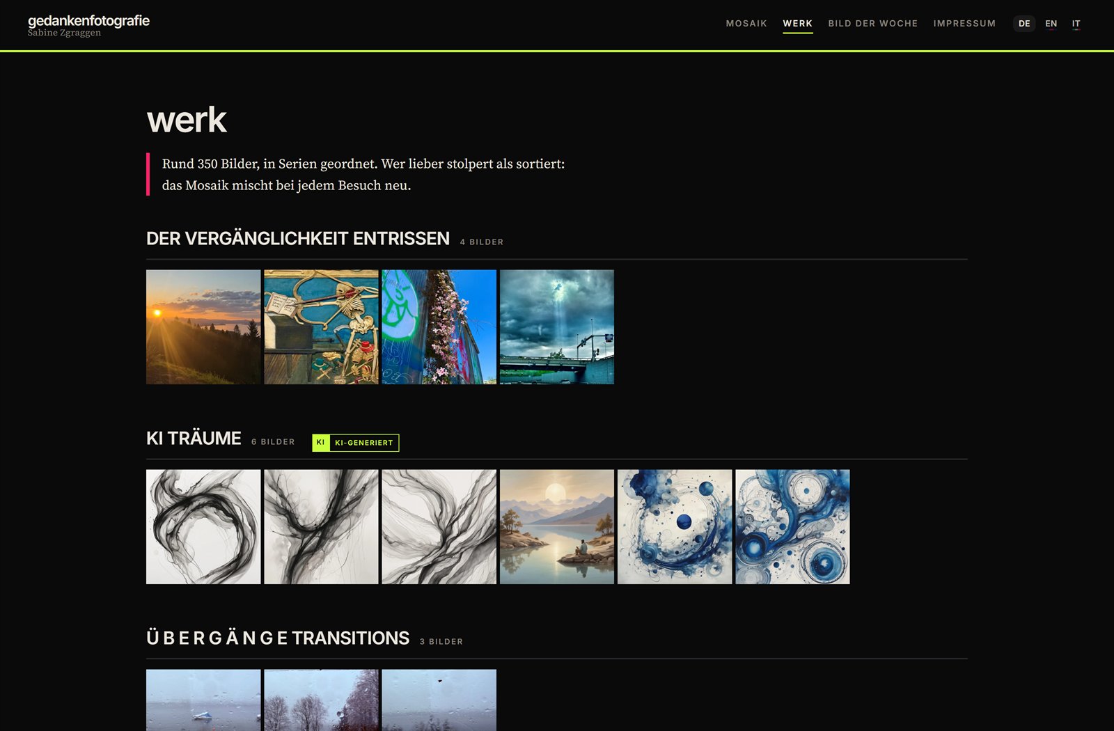 The work overview on gedankenfotografie.ch: series titles in capitals with the number of pictures, and on “KI Träume” a green “AI-generated” badge, each followed by a row of thumbnails on a black ground.
