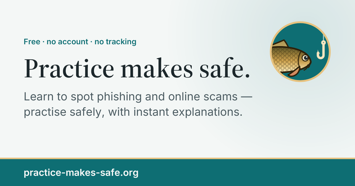 practice-makes-safe.org のプレビューカード：見出し「Practice makes safe.」（練習が身を守る）と、フィッシングやネット詐欺の見抜き方を安全に練習でき、すぐに解説が読めるという一文。横には、釣り針を疑わしげに見つめるコイ。