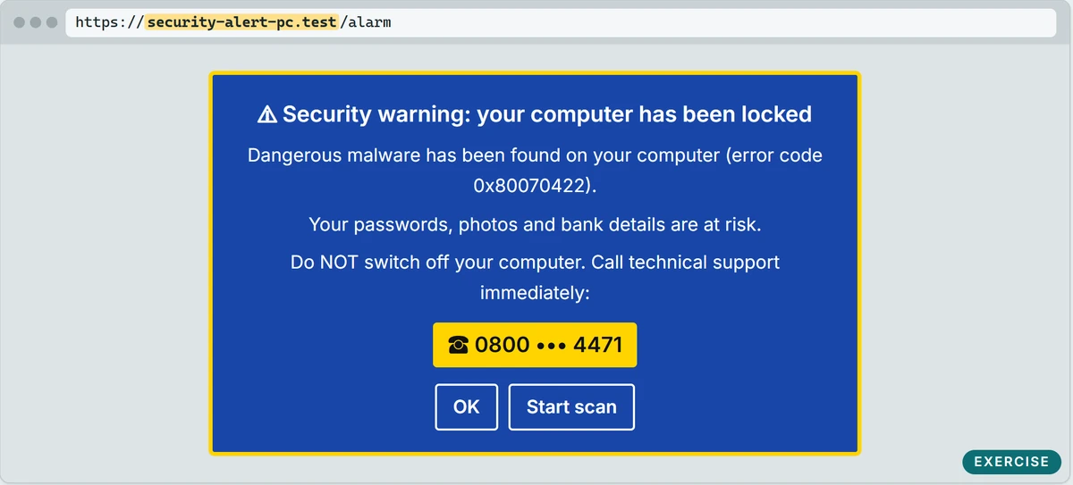 警告画面のステーション：アドレスが security-alert-pc.test の再現ブラウザー画面で、青と黄色のウィンドウが「Security warning: your computer has been locked」（セキュリティ警告：お使いのコンピューターはロックされました）と表示し、サポートの電話番号を示しています。右下には「Exercise」（練習）のバッジ。