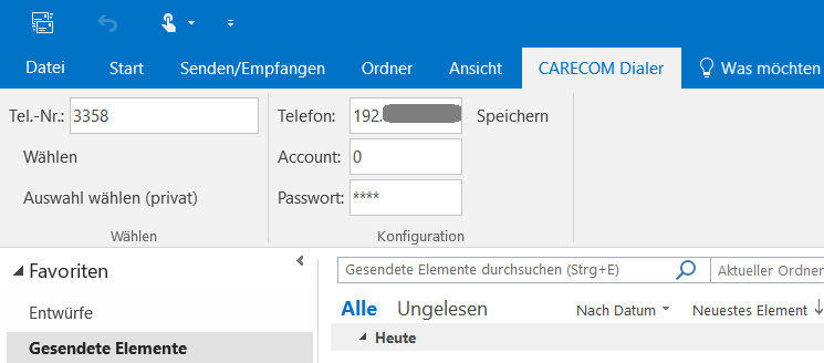 Screenshot CARECOM Dialer Outlook Addin