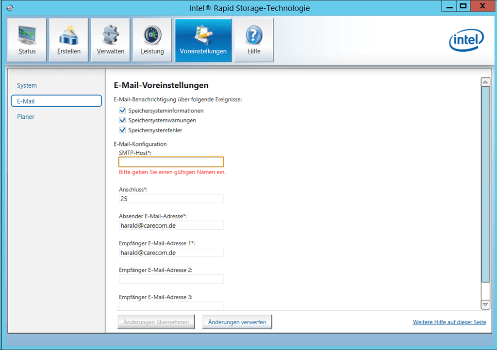 Intel RAPID Storage Technology Screenshot